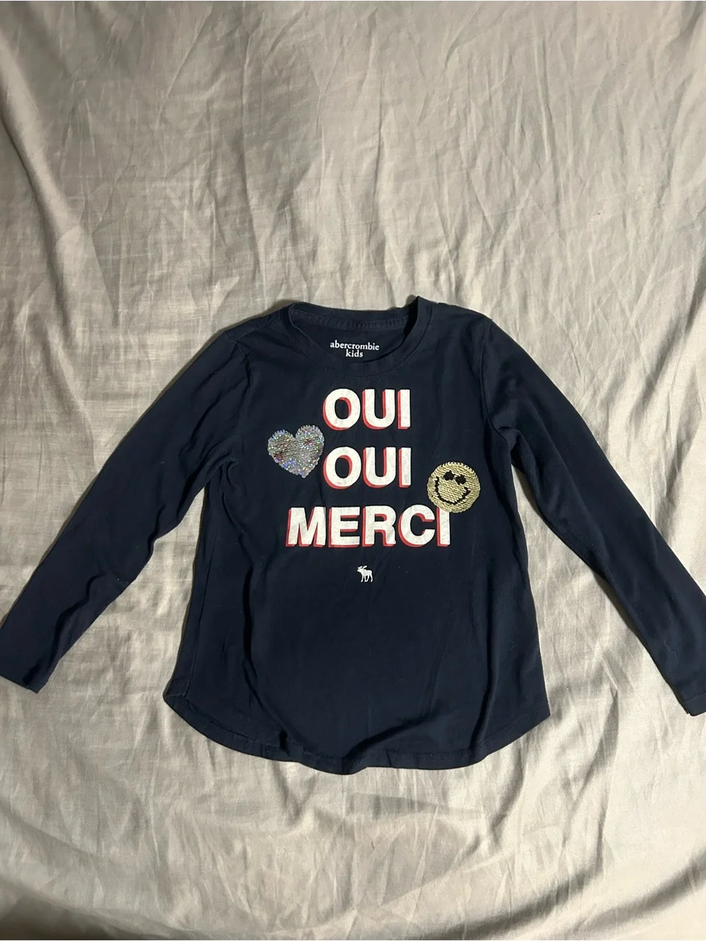 abercrombie kids Navy Oui Oui Merci Long Sleeve Tee Sequin Heart & Smiley 5/6